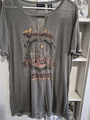 joei & i Women s Plus 2X Gray Sheer Lightweight Graphic Tee Western Cowboy
