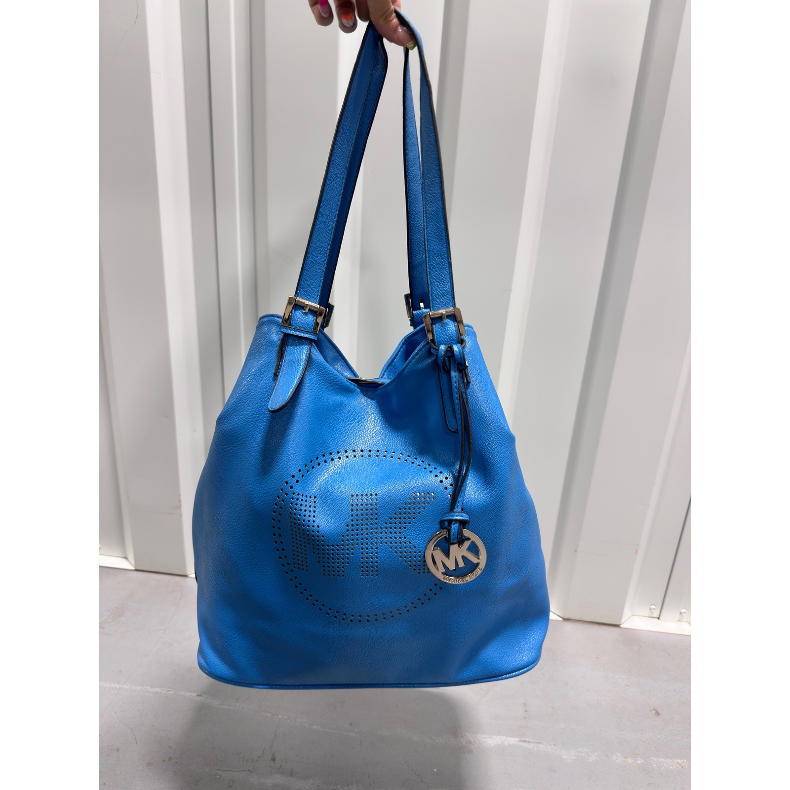 Michael Kors Fulton Blue Pebbled Leather Perforated Logo Tote Shoulder Bag Gold