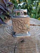 Antique Push To Lift Arm Table Lighter  Hand Hammered Silver Plate Base Flower 