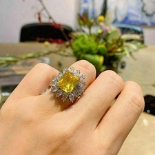 4Ct Emerald Cut Yellow Citrine Halo Women's Engagement Ring 14K White Gold Over.