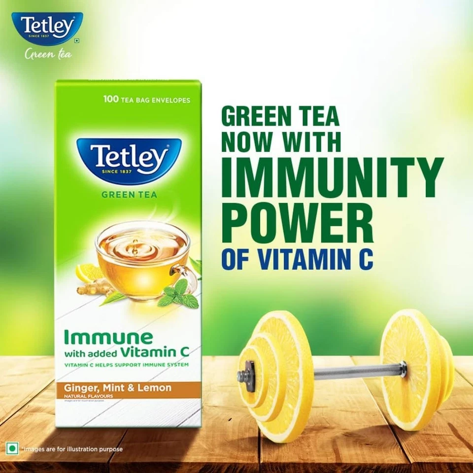 Té verde Tetley inmune con vitamina C añadida, jengibre, menta y limón, 100 bolsitas de té Foto 3 de 4
