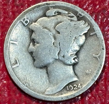 VINTAGE  GOOD/VG 1924 D MERCURY SILVER DIME-OLD US COIN-FEB279