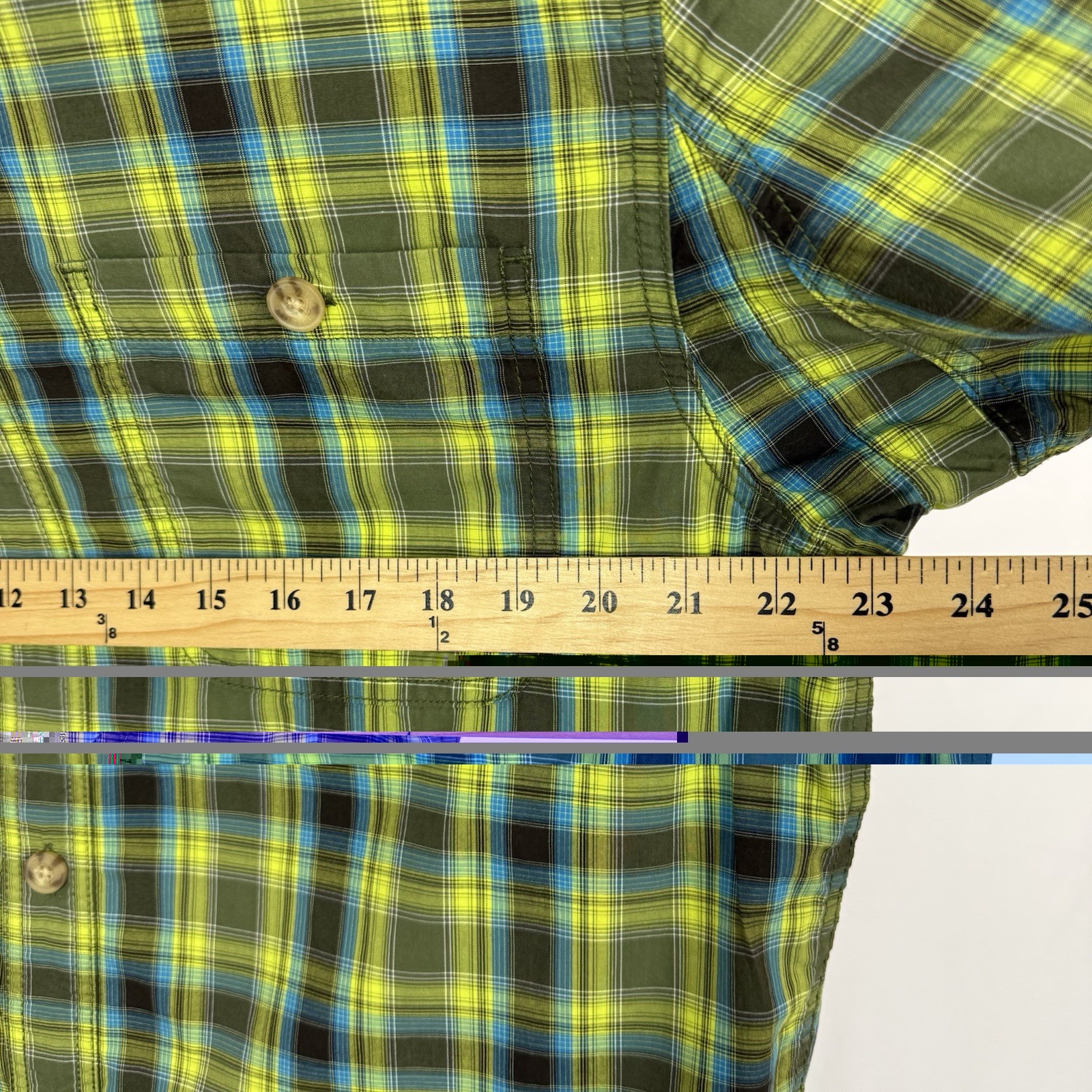 Duluth Trading Button-Up Shirt Mens Large Medium Green Blue Plaid Cotton SS Tech image 8