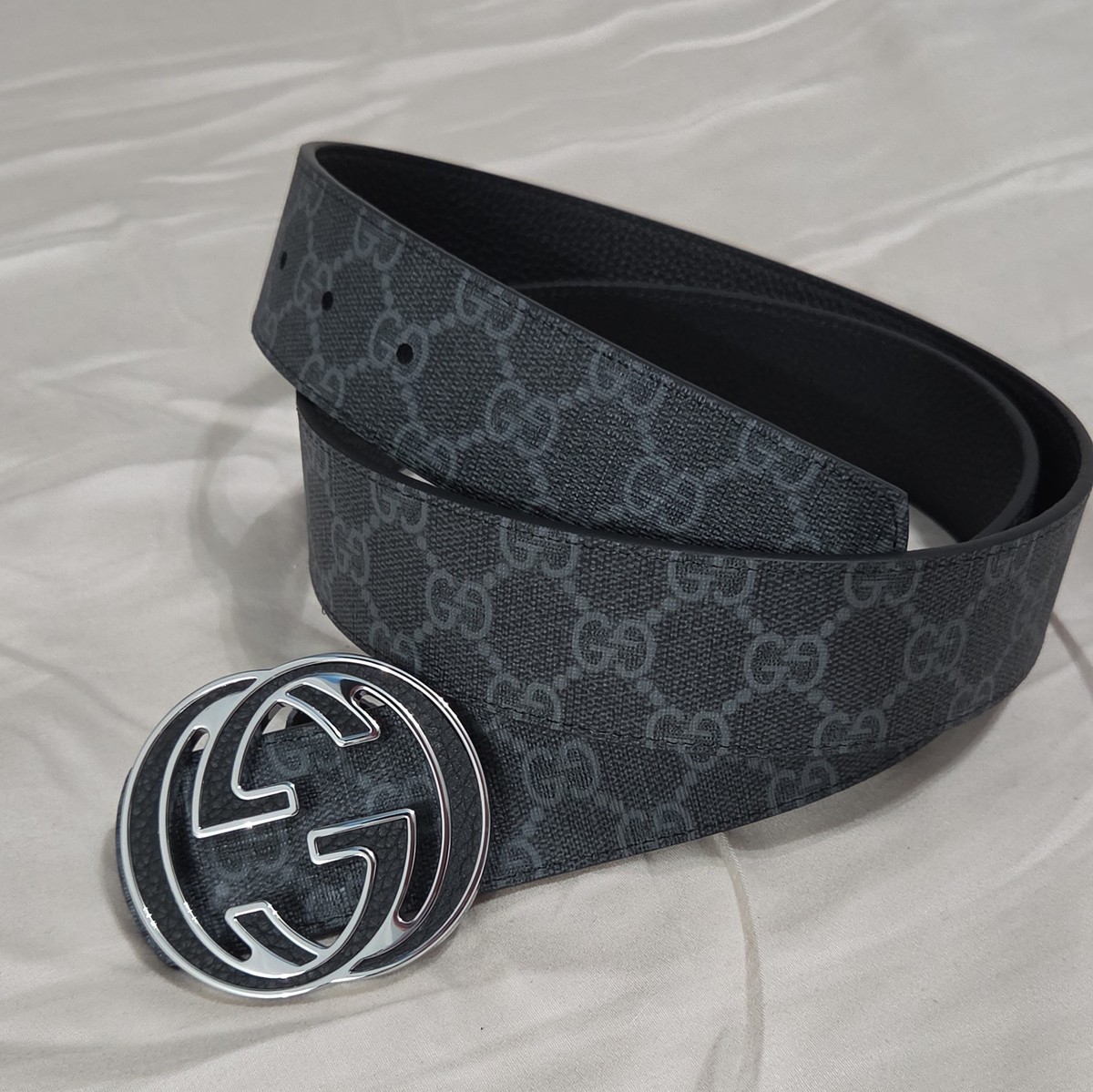 Reversible Gucci Monogram Belt Black Silver GG Belt Buckle 34-36
