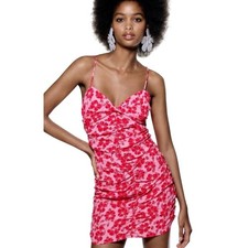 Zara Floral Ruched Bodice Mini Dress Large Pink Red