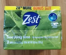 Pack of 2 Zest Soothing Aloe Deodorant Bar Soap  4.12 oz Bars