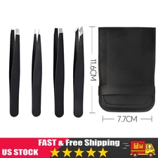 4 Piece Set of Professional Tweezers Black Plucker Stainless Steel With Case