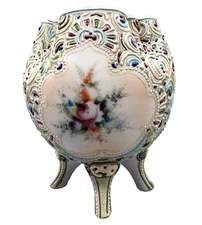 Antique Nippon Moriage Porcelain Footed Vase Hand Painted Rose Floral Design