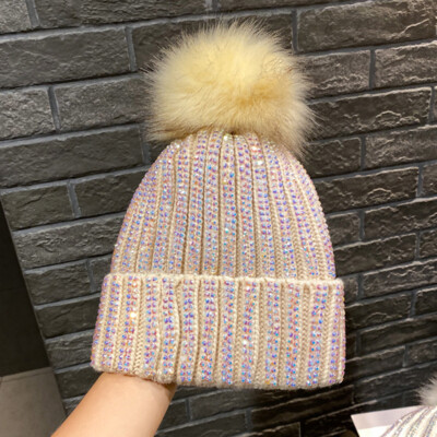 Lady Glitter Rhinestone Knit Beanie Hat with Faux Fur Pompom  display picture 1