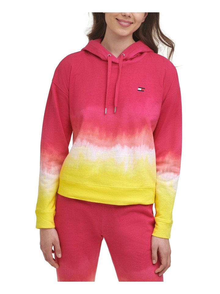 TOMMY HILFIGER Womens Pink Ribbed Drawstring Ombre Long Sleeve Hoodie