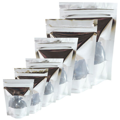 Silver Windowed Stand-Up Mylar Food and Snack Pouches for Gummy Bears Hard Candy