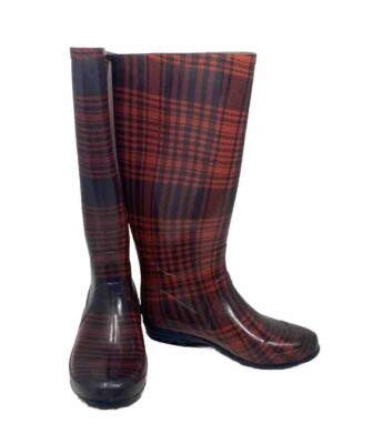 Women’s Black Red Plaid Rubber Rain Boots Size