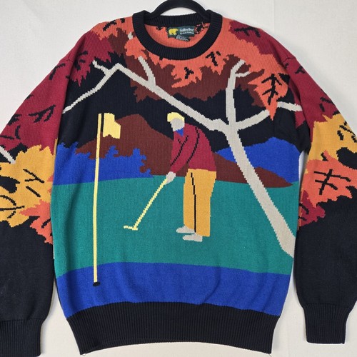 GOLDEN BEAR Jack Nicklaus Golf Sweater GREEN KNIT ALL OVER PRINT Vintage Mens LG