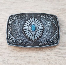 Boho Western Cowboys Buckle - Flower Blue Turquoise Stone Mens Belt Buckle