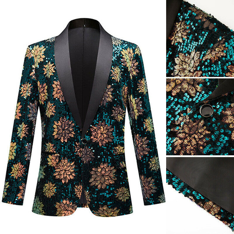 Men Flower Sequin Suit Jacket Dress Blazer Stage Showman Costume Coat Party image 3