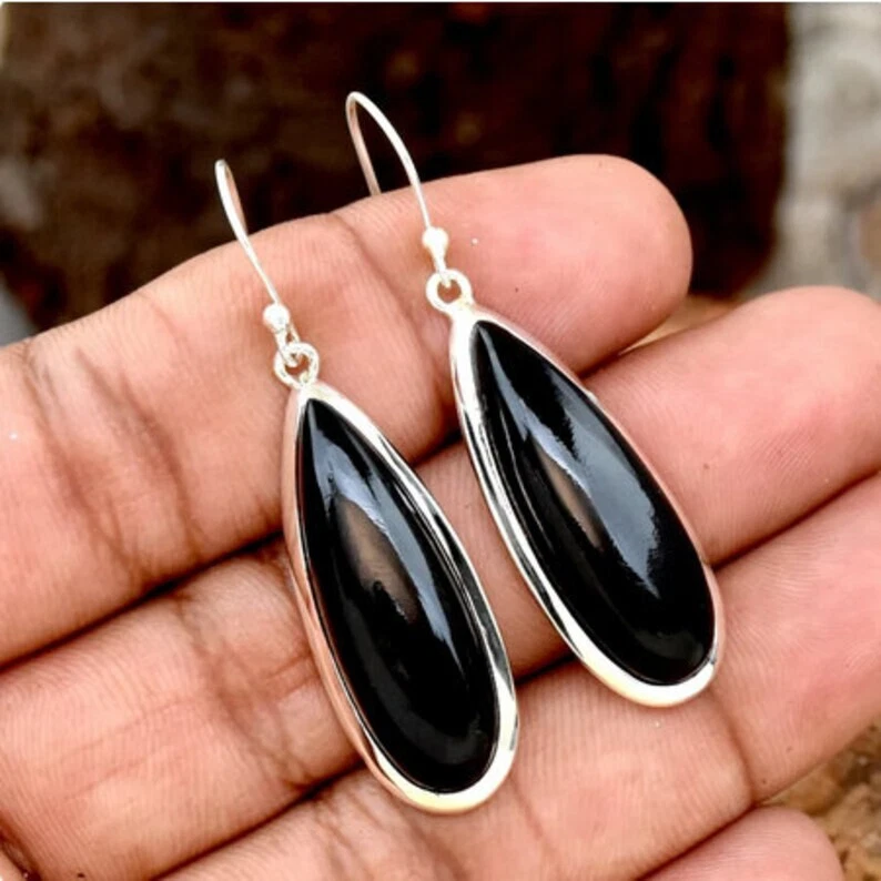 Orecchini Pendenti In Argento 925 Con Onice Nera Naturale - Fatti A Mano, Lunghi 1.4 Ct