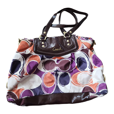 COACH Ashley Logo Scarf Print Sateen Purple Brown Tote Bag Purse