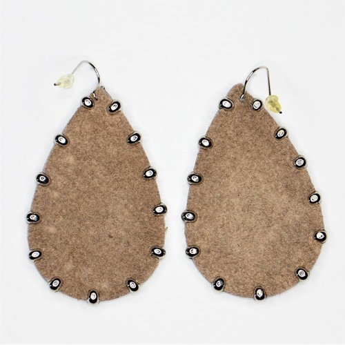 Genuine Leather Earrings 2" Drop Dangle Gray Teardrop Studded Silver Tone - Picture 2 of 4