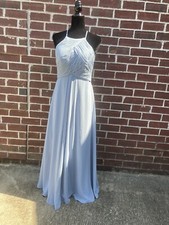 Azazie Bridesmaid Dress Dusty Blue Chiffon High-Neck Size A8 Prom HOCO Formal (v