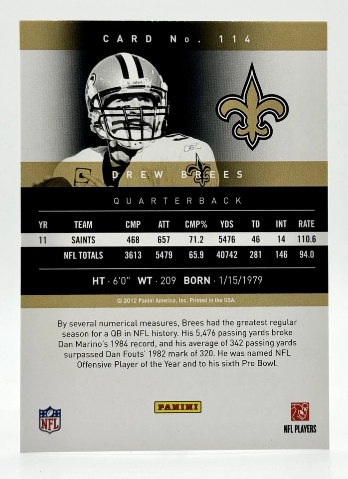2012 Panini Prestige #114 Drew Brees New Orleans Saints - Image 2 of 2