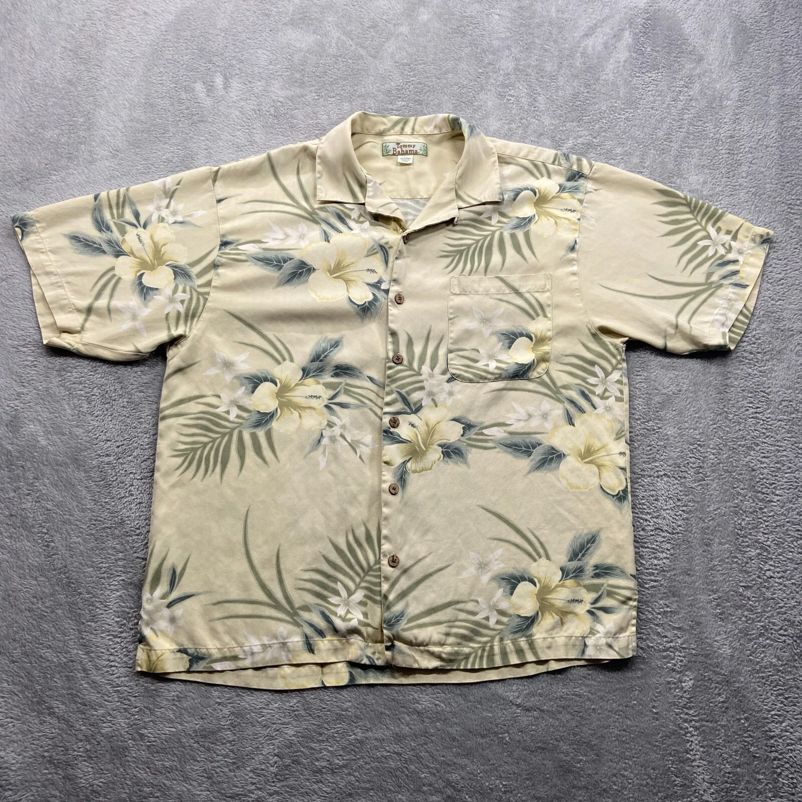 Tommy Bahama Shirt Men's Large Beige Flower Hawaiian Button Down 100% Silk Beach