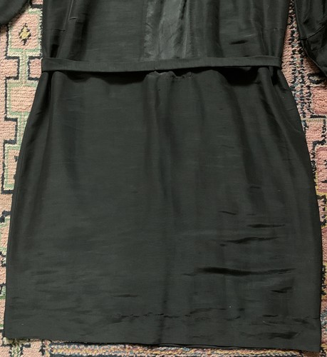 VTG 30s Black Silk Party Cocktail Small Collar Oversized Pleated Belted Dress M - Picture 4 of 11