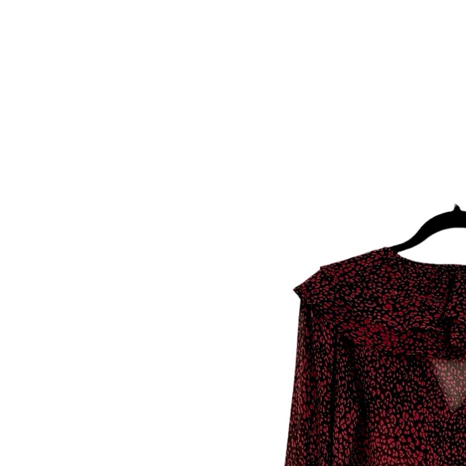Zara Blouse Women's Size Small Black Red Animal Print Ruffle Metallic
