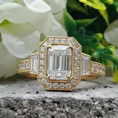 4.10 Ct Emerald Cut  Lab Created  Diamond Wedding Ring 14K Yellow Gold