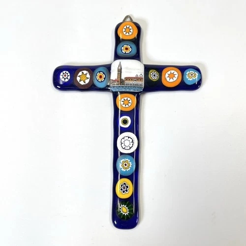Vintage Venetian Art Glass Millefiori Murano Style Cross Venice Wall Art Italy