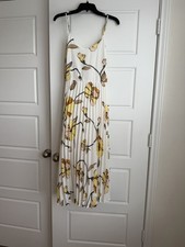 White Yellow Floral Pleated Midi Dress V-Neck adjustable Spaghetti Strap Lined