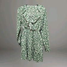 Whimsical Dress Green Medium Floral Print Ruffle Front Neckline Tiered Hem Y2K