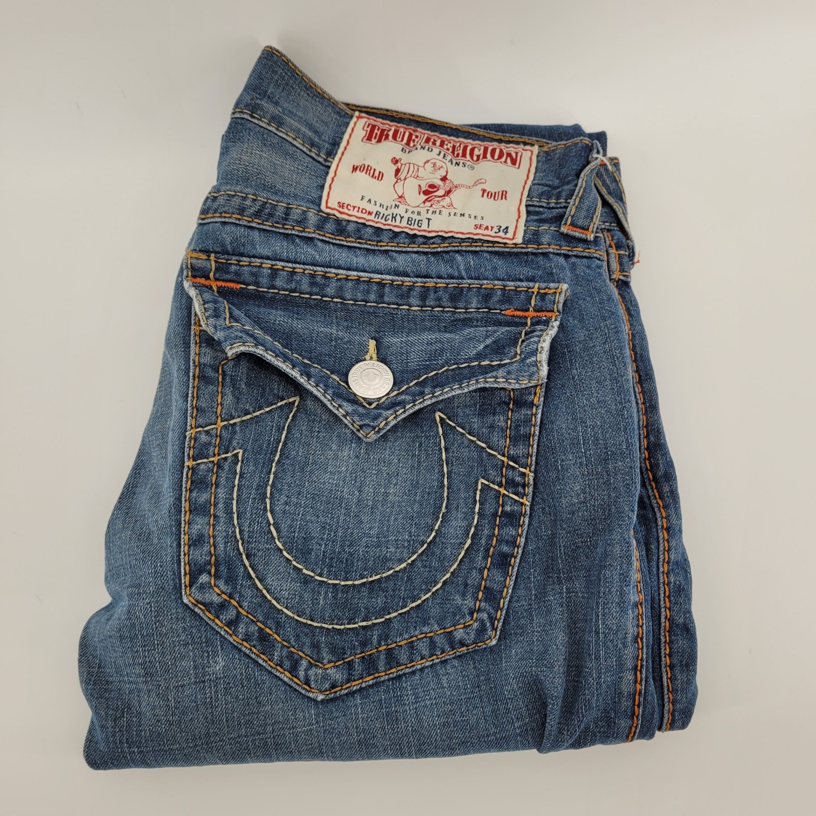 True Religion Ricky Big T Mens 33x34 Straight Leg Jeans Blue Denim