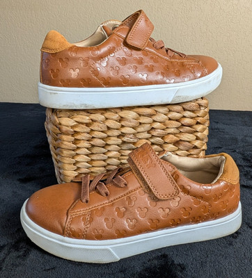 Disney Mickey Mouse Embossed Sneakers Brown Child Sz 3 No Tie Hook Elastic Laces