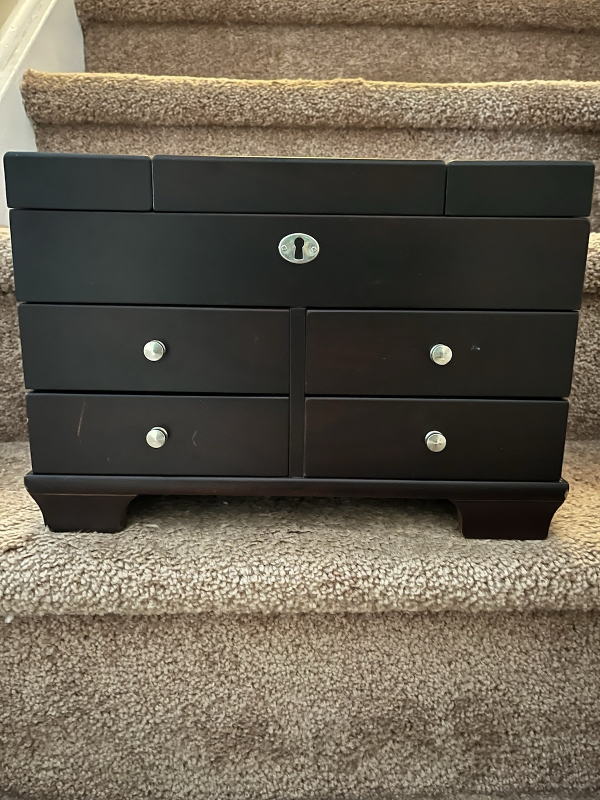 Jewelry Box In Mahogany With 4 Drawers,Multi Compartments, Mirror, Ring Holders-image