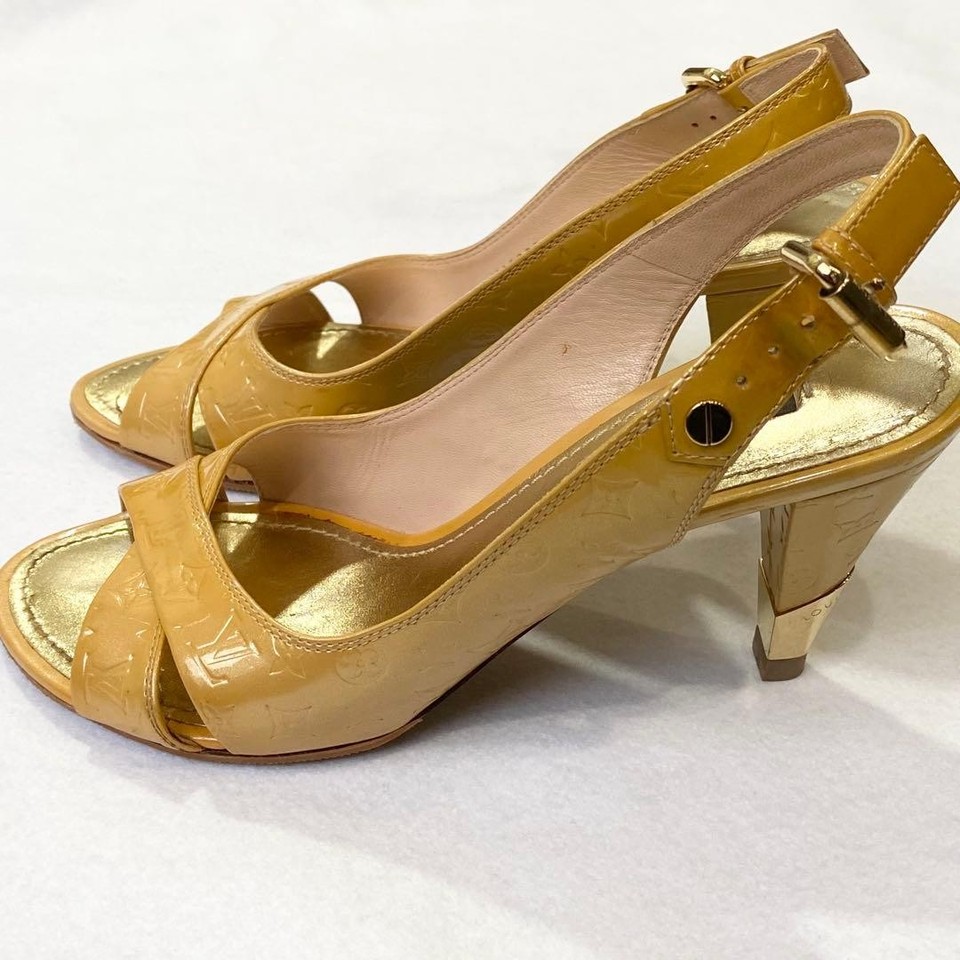 Toe Dusting Louis Vuitton Monogram Vernis Open Toe Backstrap Pumps Gold Women's ...