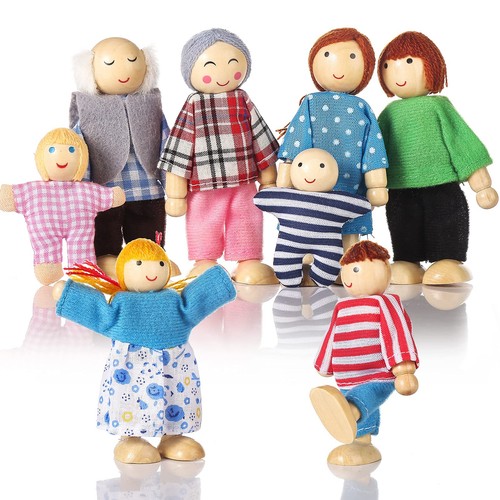 Wooden Doll House People of 8 Figures, Dolls Family Set for Girls Dollhouse A...