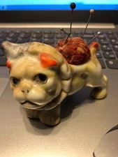 Vintage Ceramic Lusterware Bulldog w/Clown Collar Pincushion w/Old Pins Japan