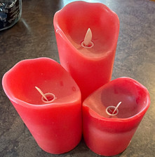 Set of 3 Red Flameless LED Pillar Candles AA Battery Operated Unscented