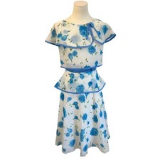 Vintage Blue Rose Floral Capelet Peplum Dress Romantic Cottagecore XS