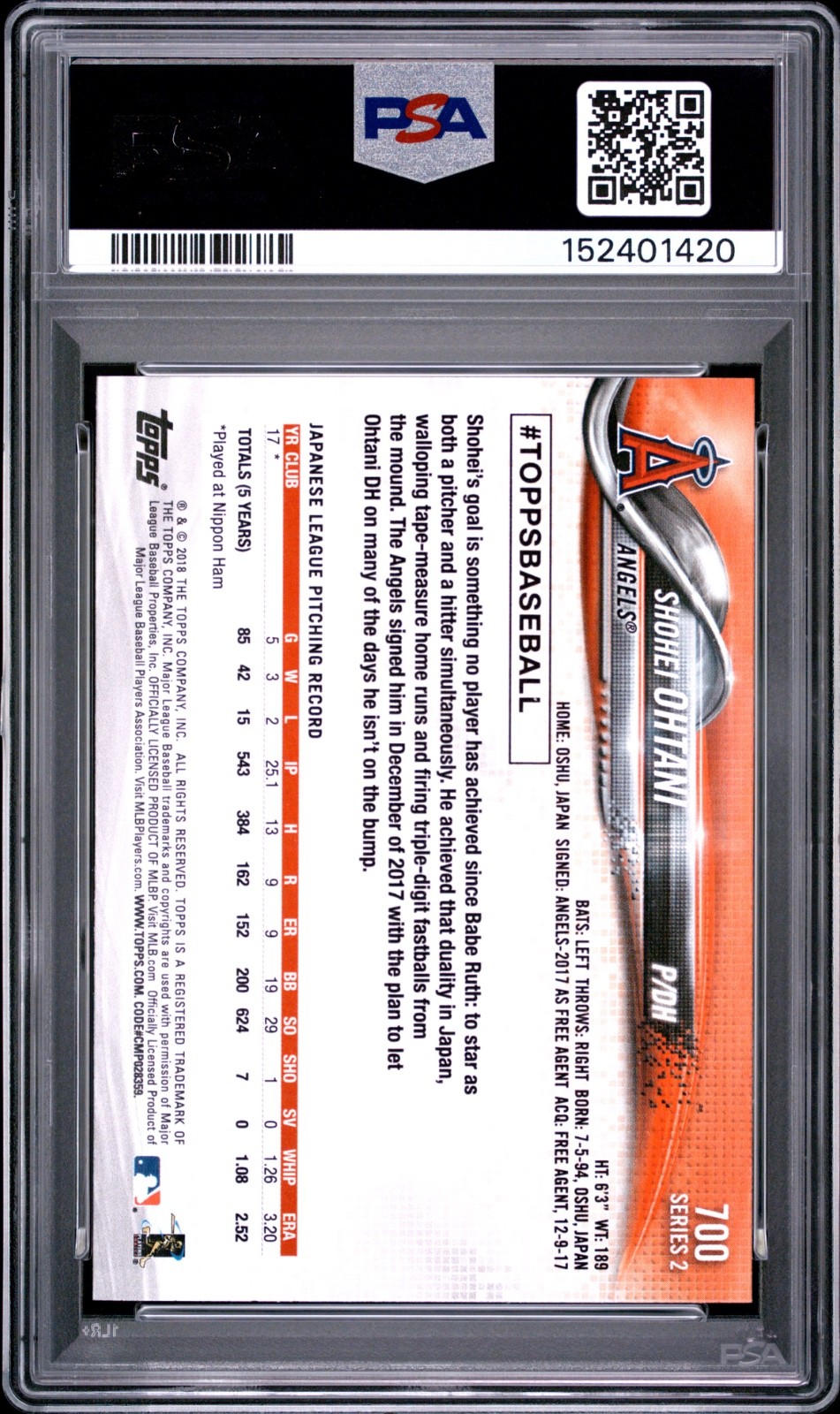 2018 Topps - Shohei Ohtani RC - #700  - Pitching - PSA 9 - Just Graded view 2