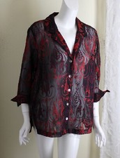 Multiples L 100% Silk Black Red Orange Amazing Crewel Embroidered Shirt Jacket