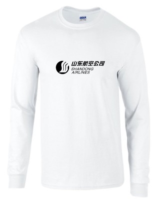 Shandong Airlines Black Logo Chinese Aviation White Cotton Long Sleeve T-Shirt