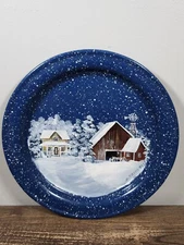 Hand-Painted Blue Enamel Winter Mountain Log Cabin Scene Plate Artist Signed '89