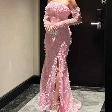 Gorgeous Cubic Floral Sweetheart Side Slit Evening Dresses Pink Small Tail