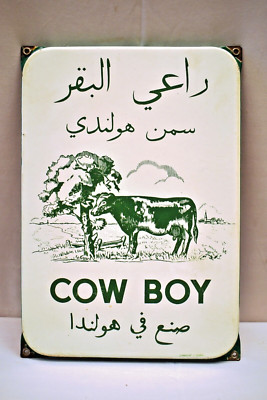 Vintage Cow Boy Porcelain Enamel Sign Arabic Script Langcat Holland 13x9 Dairy A