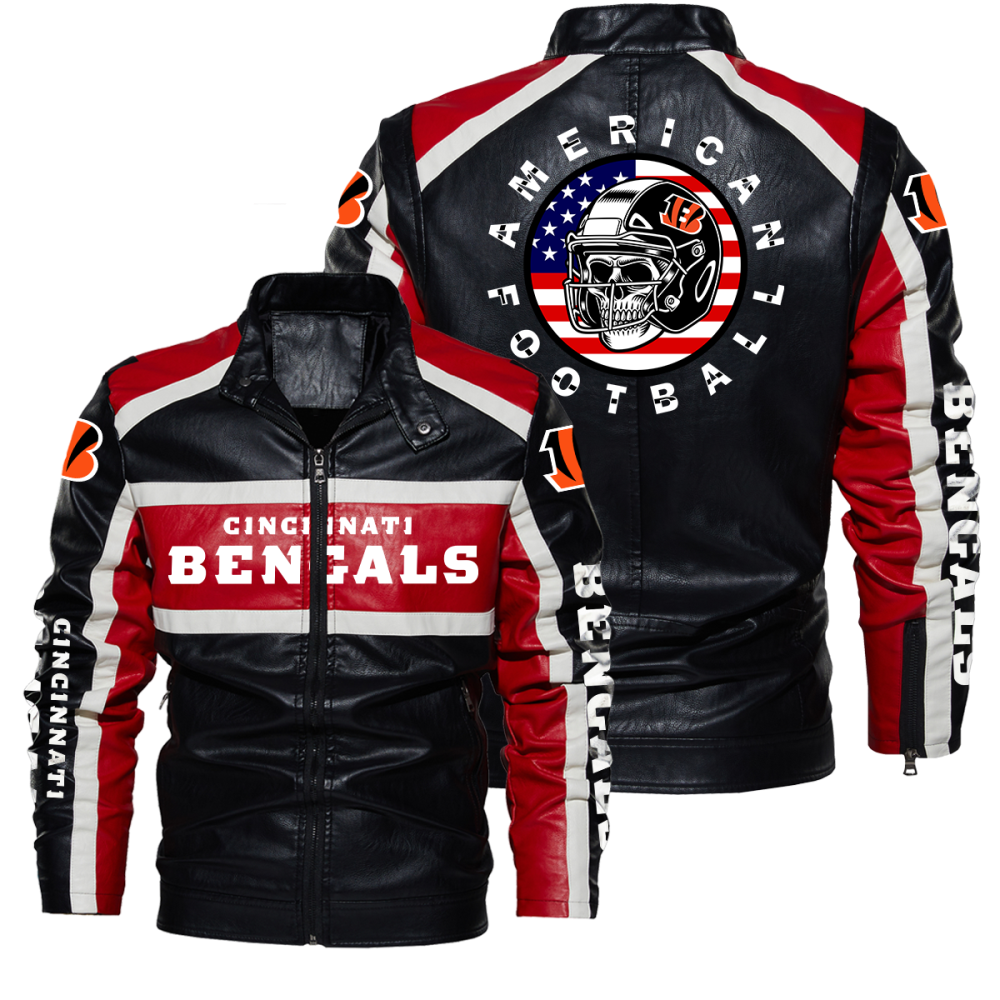 Cincinnati Bengals Mens Leather Jacket Zipper Motorcycle Coat Vintage