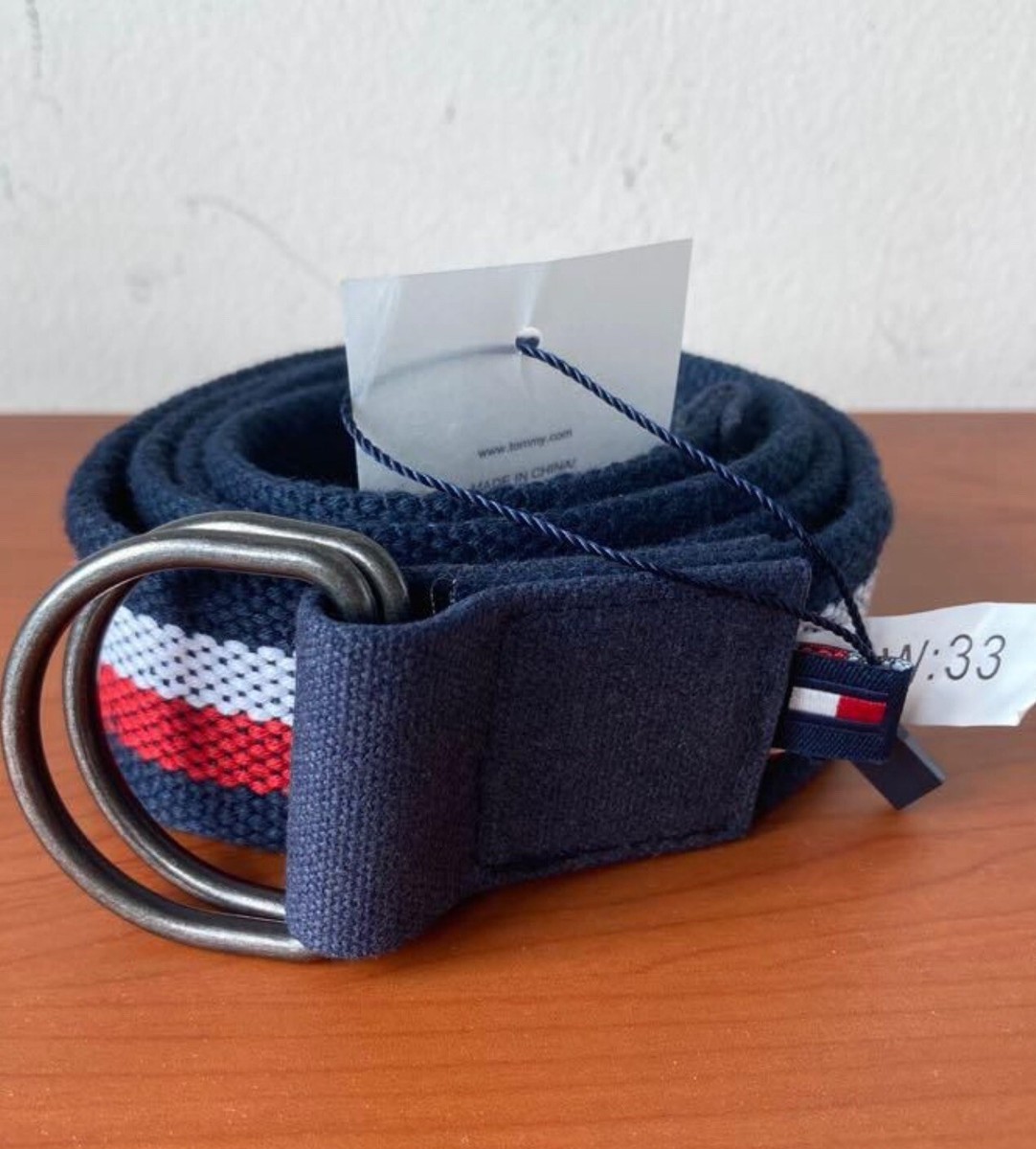 Tommy Hilfiger navy blue red white woven adjustable men's belt D ring NWT