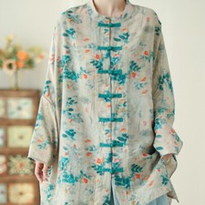 Lady Long Blouse Shirt Tops Frog Button Floral Ethnic Loose Retro Casual Fashion