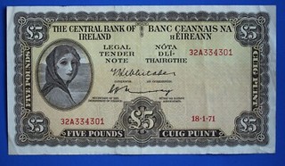 1971 Ireland Irish Eire Five pound £5 banknote Lady Lavery [31899]
