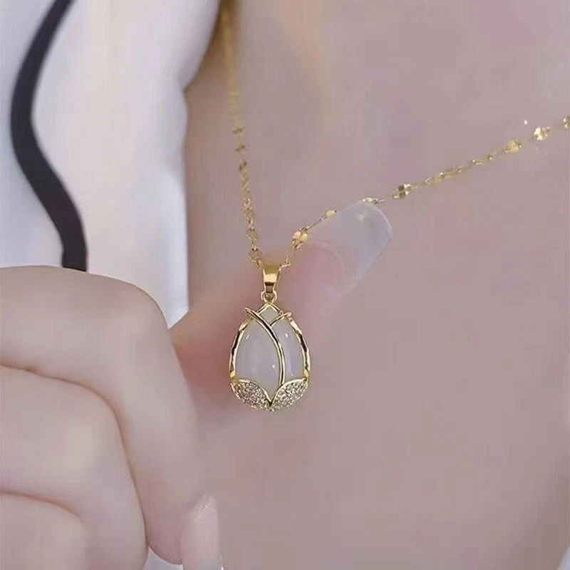 925 Placcato Argento Cristallo Sposa Tulipano Fiore Gemma Matrimonio Collana - Immagine 3 di 4